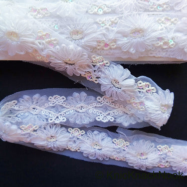 Wholesale White Flower Tissue Net Fabric Lace Trim With Sequins, Floral Trim, Wedding Supplies Trim By 9 Yards